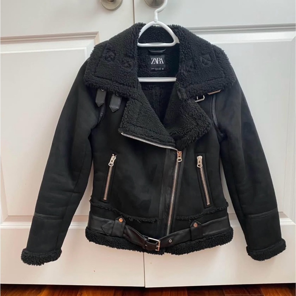 Zara Black Faux Shearling Biker Jacket